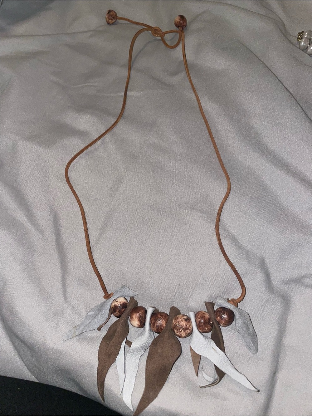 Handcrafted Boho Brown and White Leaf Necklace with Copper Beads
